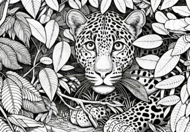 Leopard im Laub: Ausmalbild zum Herunterladen (Kostenlos)