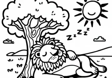 Löwe entspannt unter einem Baum: Einfache Malvorlage (Kostenlos)