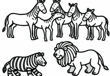 Löwe und eine Gruppe Zebras: Ausmalbild zum Download (Gratis)