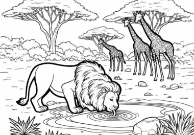 Löwe am Wasserloch mit Giraffen: Einfache Malvorlage (Gratis)