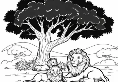 Löwenfamilie unter einem Baum: Einfache Malvorlage (Gratis)
