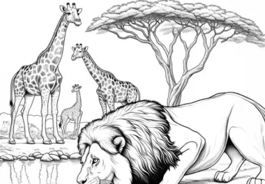 Löwe am Wasserloch mit Giraffen im Hintergrund: Detailreiches Ausmalbild zum Download (Gratis)