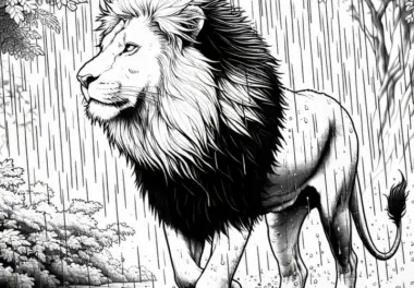 Löwe läuft durch den Regen: Detailreiche Malvorlage (Gratis)