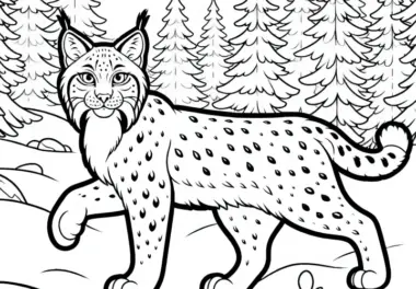 Luchs im verschneiten Wald: Ausmalbild zum Download (Gratis)