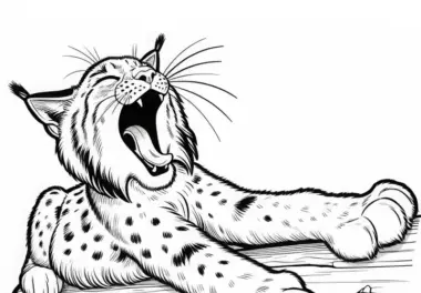 Luchs gähnt und streckt seine Pfoten auf Baumstamm: Kostenloses Ausmalbild