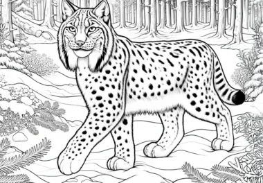 Luchs läuft durch verschneiten Wald: Ausmalbild zum Download (Gratis)