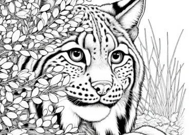 Luchs versteckt sich hinter Busch: Detailliere Malvorlage (Gratis)