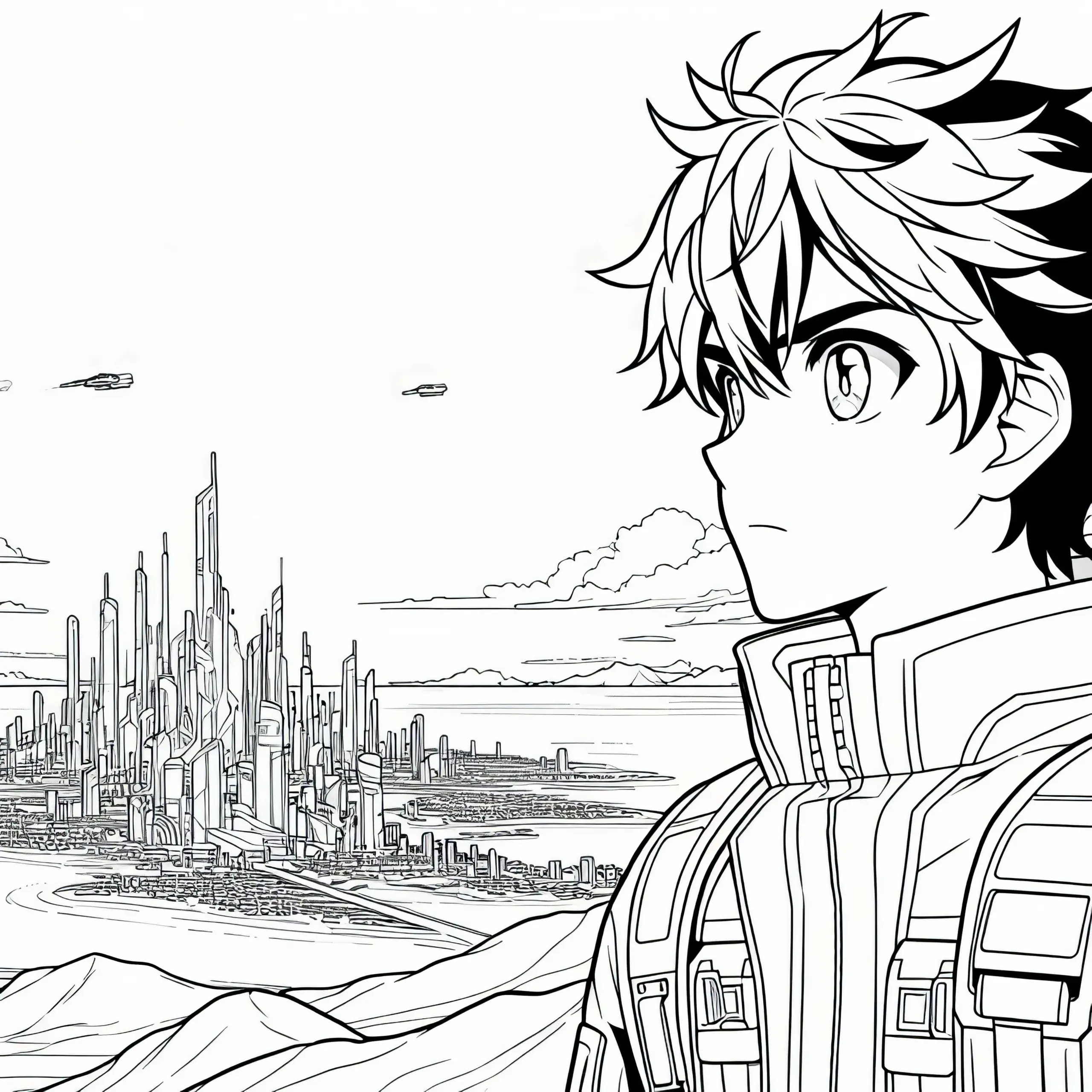 Abenteuerlustige Anime-Figur blickt entschlossen auf futuristische Stadt am Horizont – Ausmalbild kostenlos