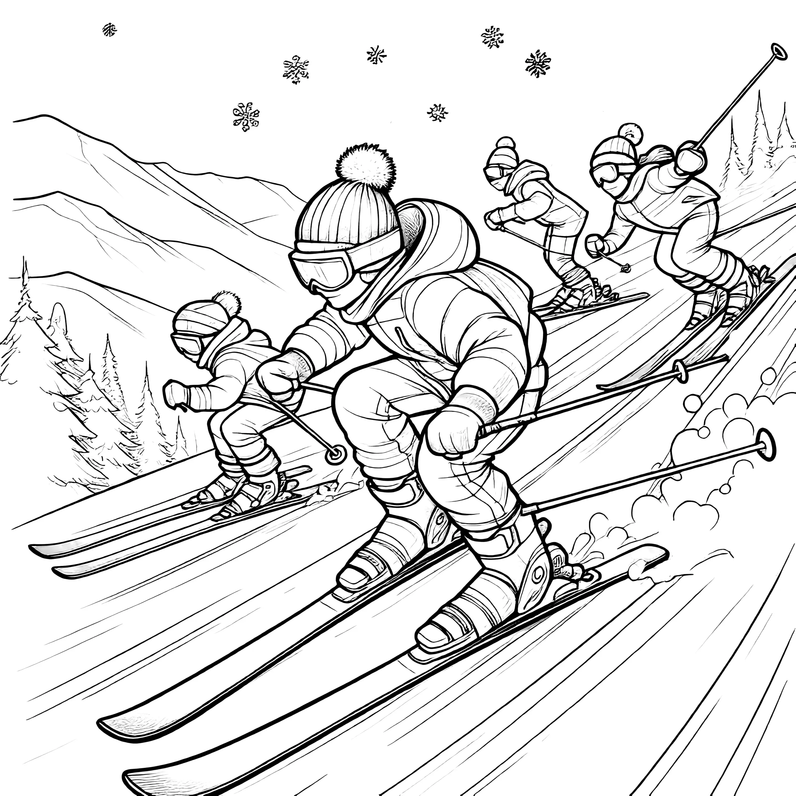Abfahrtsspaß mit Skifahrern (gratis Malvorlage) (Ausmalbild)