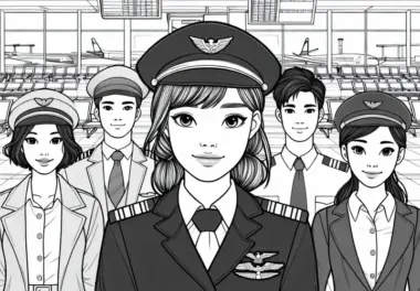 Abflugterminal mit Piloten – Ausmalbild einfach und gratis