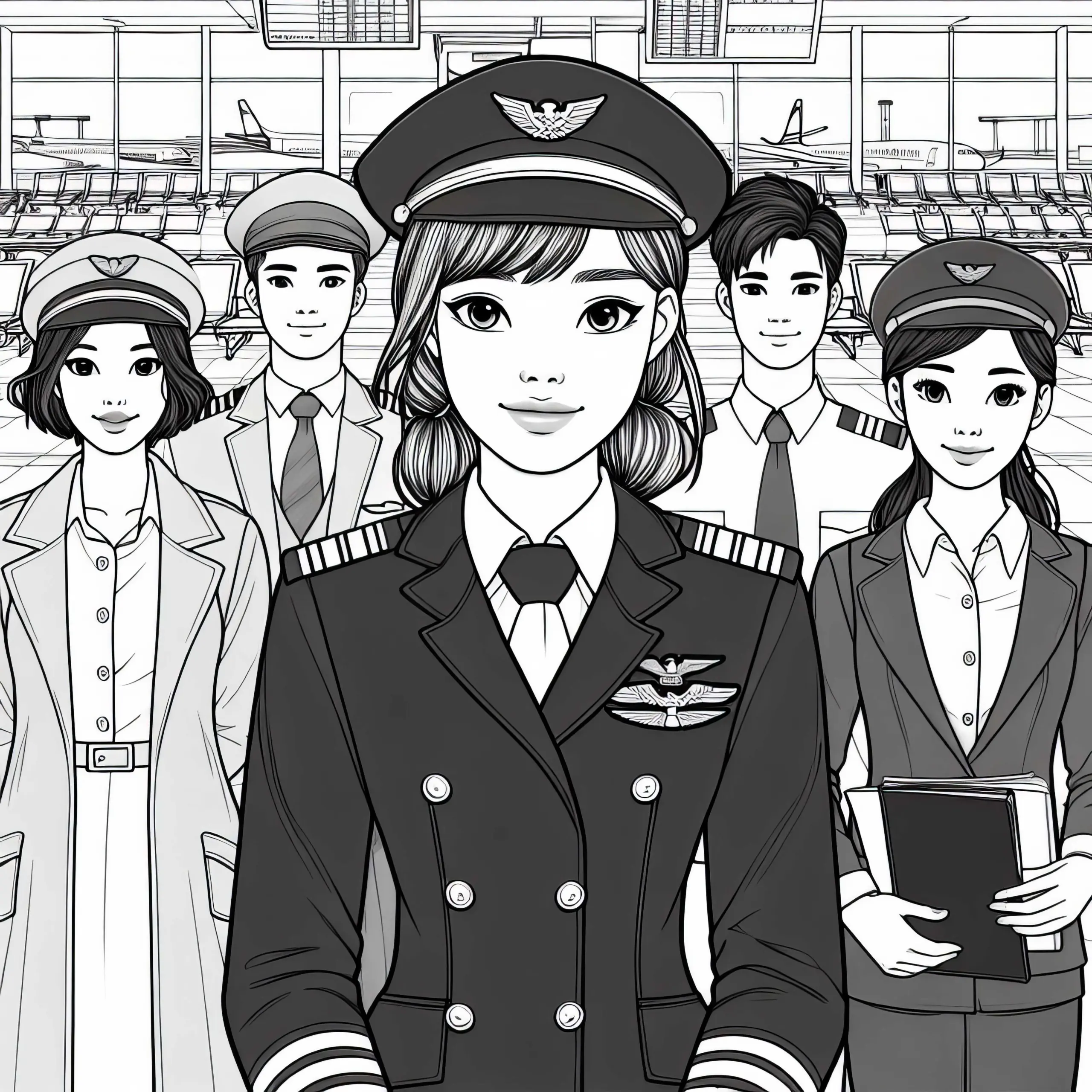 Abflugterminal mit Piloten – Ausmalbild einfach und gratis