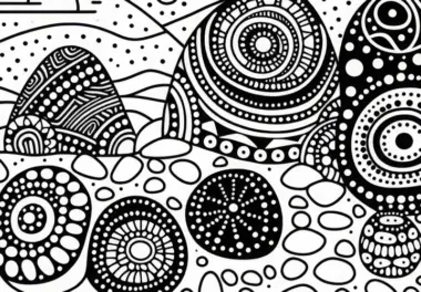 Aborigine Kunstszene mit Punktmustern auf Steinen – Ausmalbild Australien Ozeanien gratis