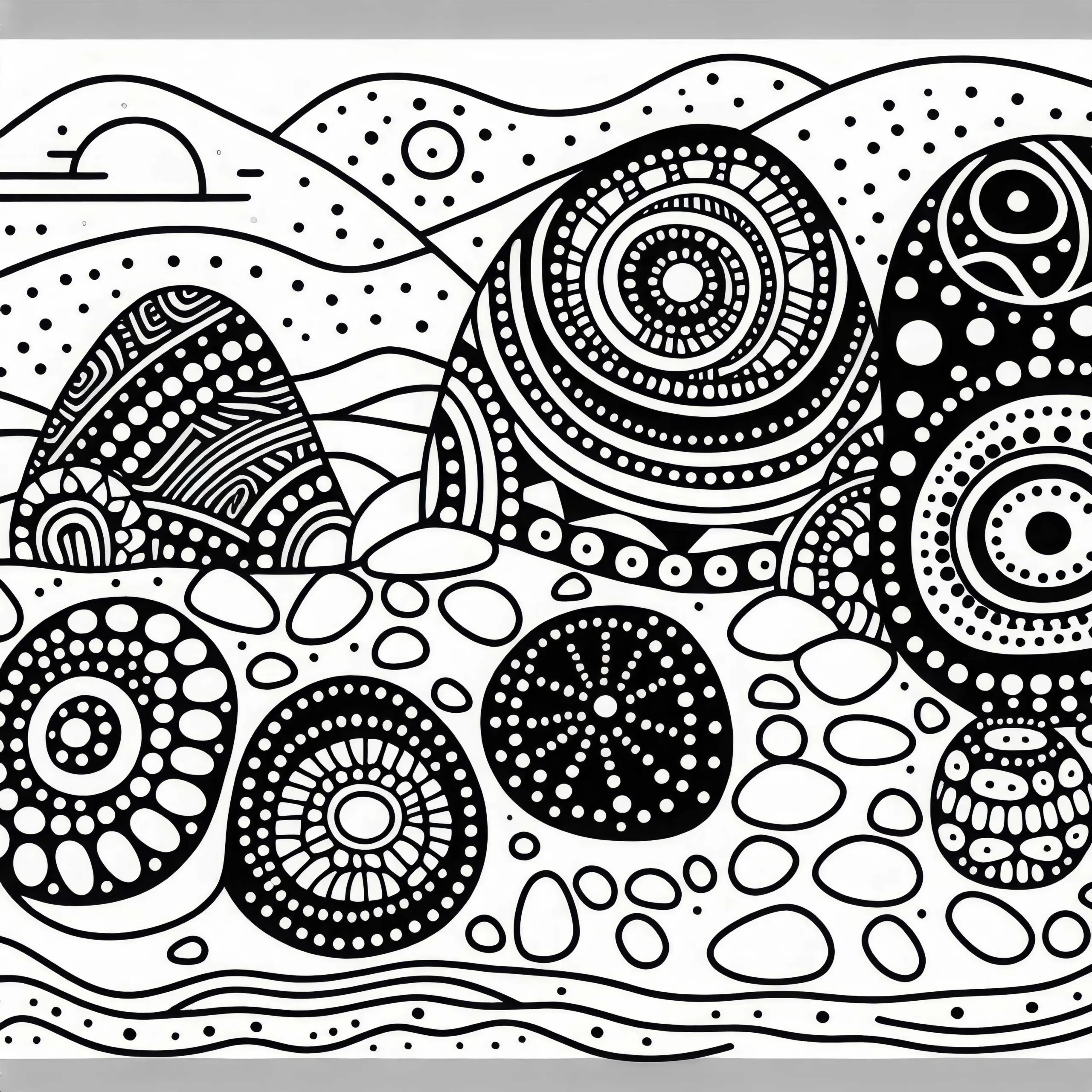 Aborigine Kunstszene mit Punktmustern auf Steinen – Ausmalbild Australien Ozeanien gratis