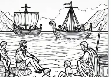 Achilles sitzt am Strand mit Patroklos – Malvorlage Ilias kostenlos