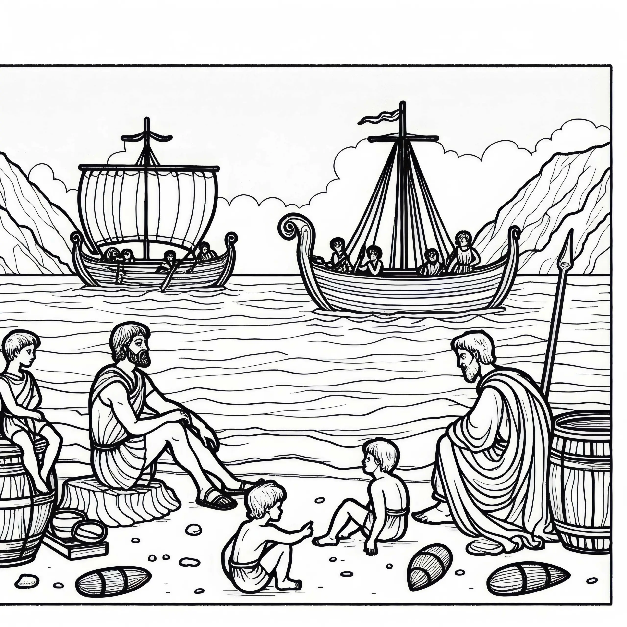 Achilles sitzt am Strand mit Patroklos – Malvorlage Ilias kostenlos (Ausmalbild)