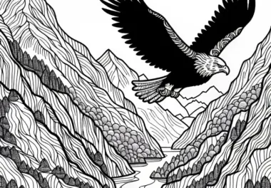 Adler fliegt über Schlucht im Gebirge – Ausmalbild kostenlos