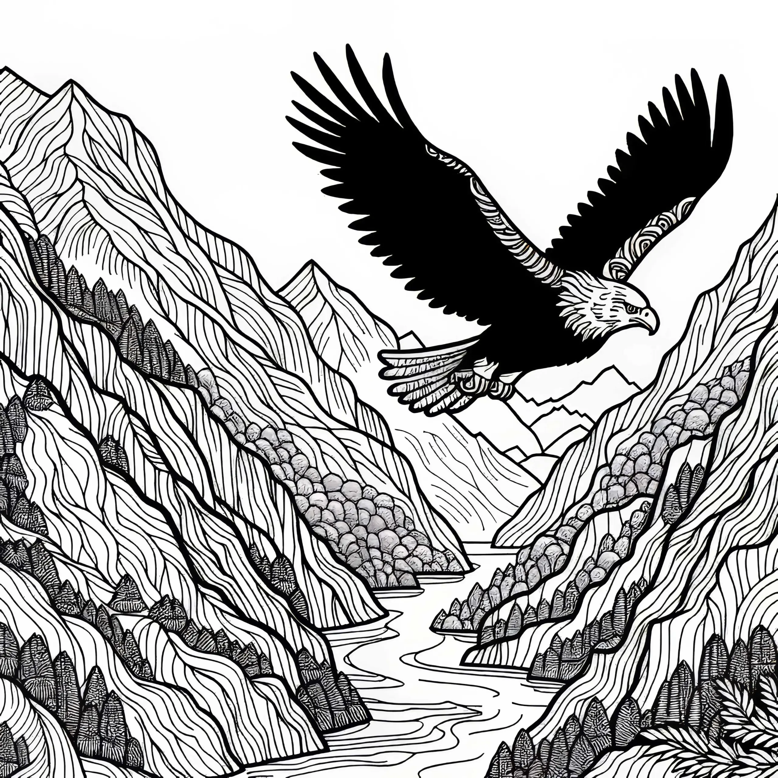 Adler fliegt über Schlucht im Gebirge – Ausmalbild kostenlos