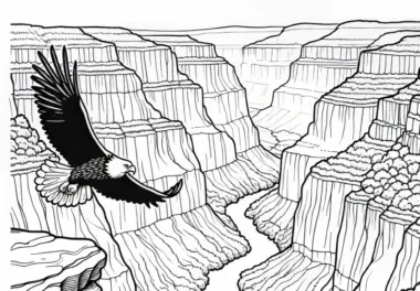 Adler kreist über die Schlucht eines Canyons – Malvorlage kostenlos