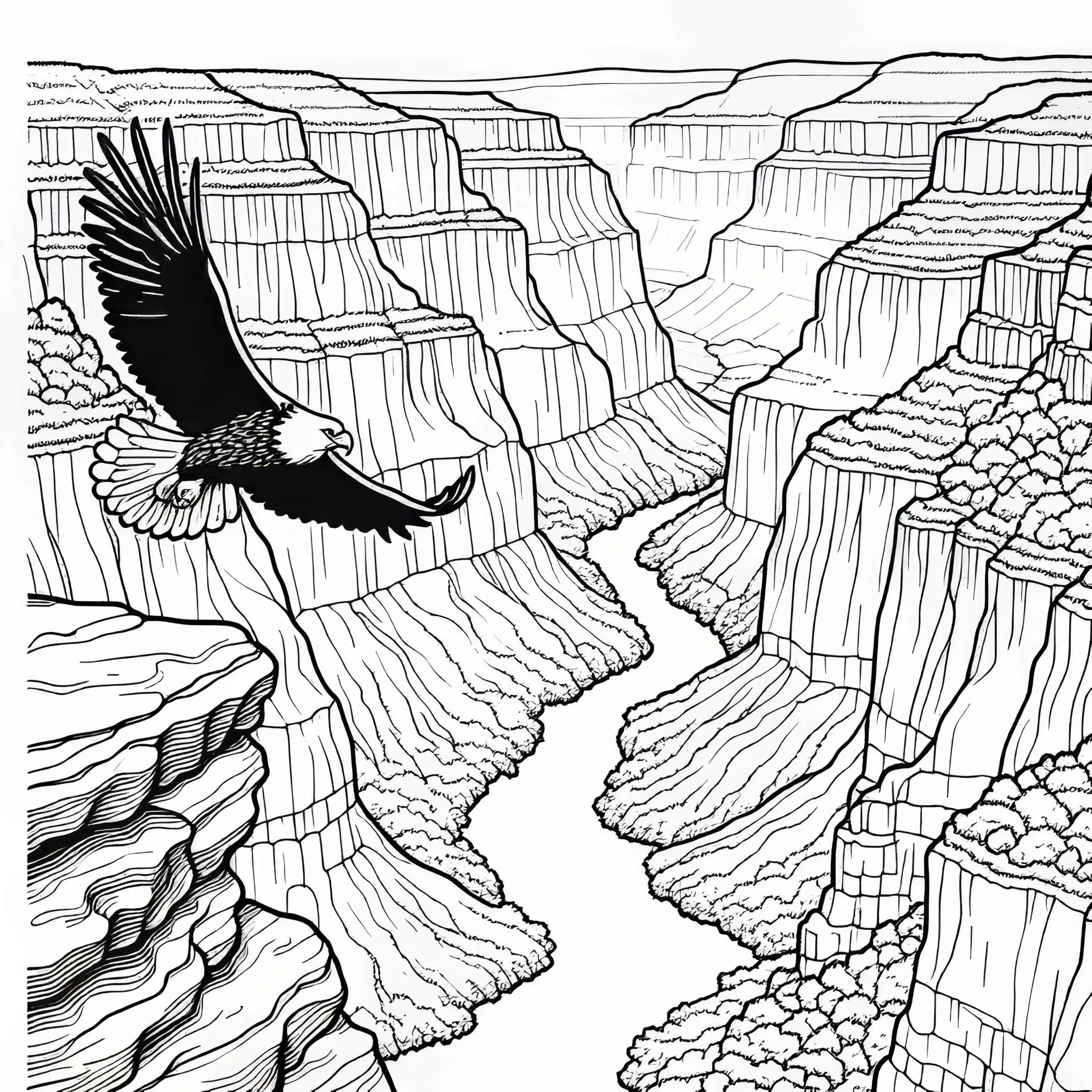 Adler kreist über die Schlucht eines Canyons – Malvorlage kostenlos (Ausmalbild)