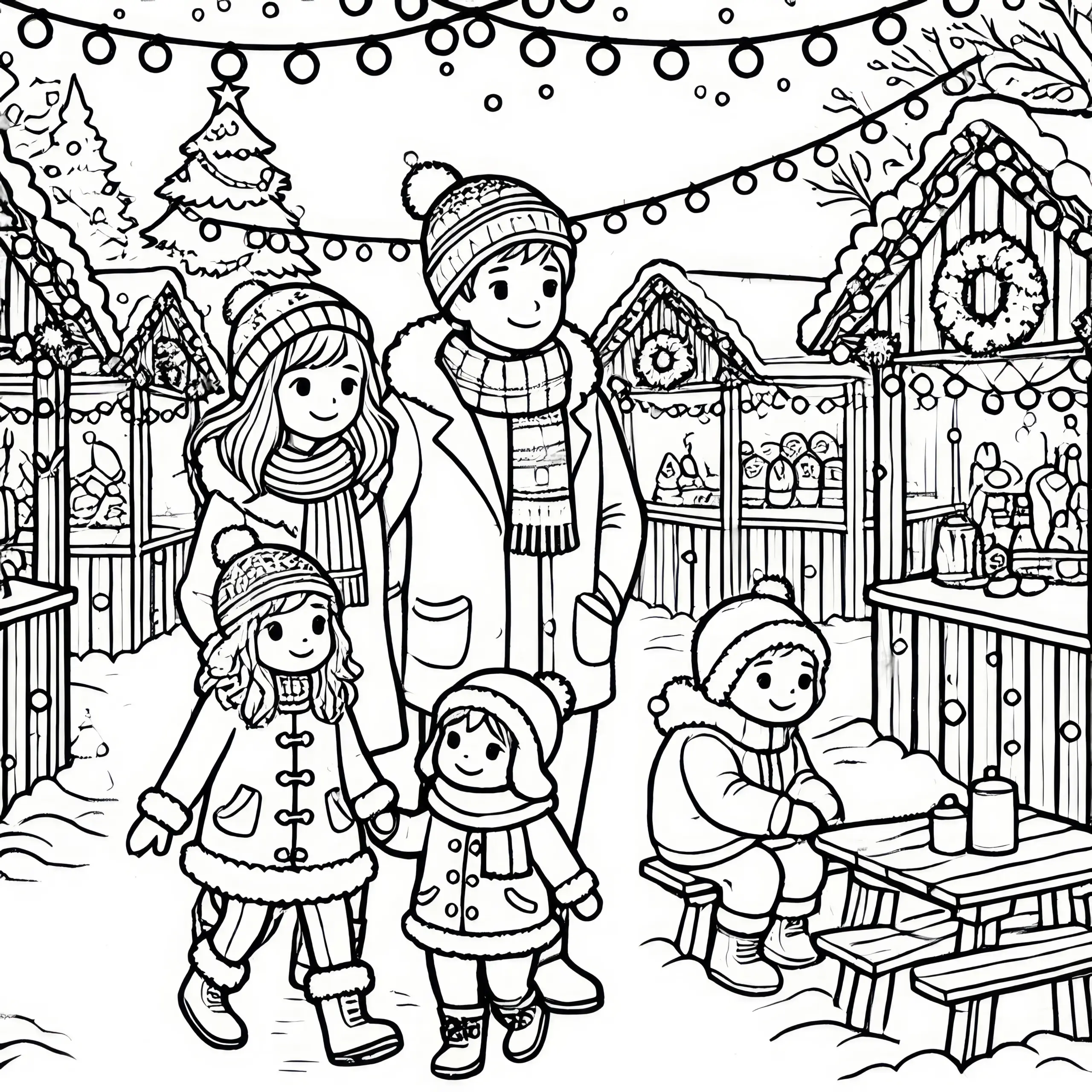 Adventszeit: Familie besucht Weihnachtsmarkt (Ausmalbild)