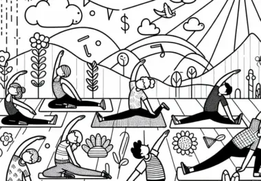 Aerobic Teilnehmer machen Dehnübungen auf Yogamatten – Ausmalbild kostenlos