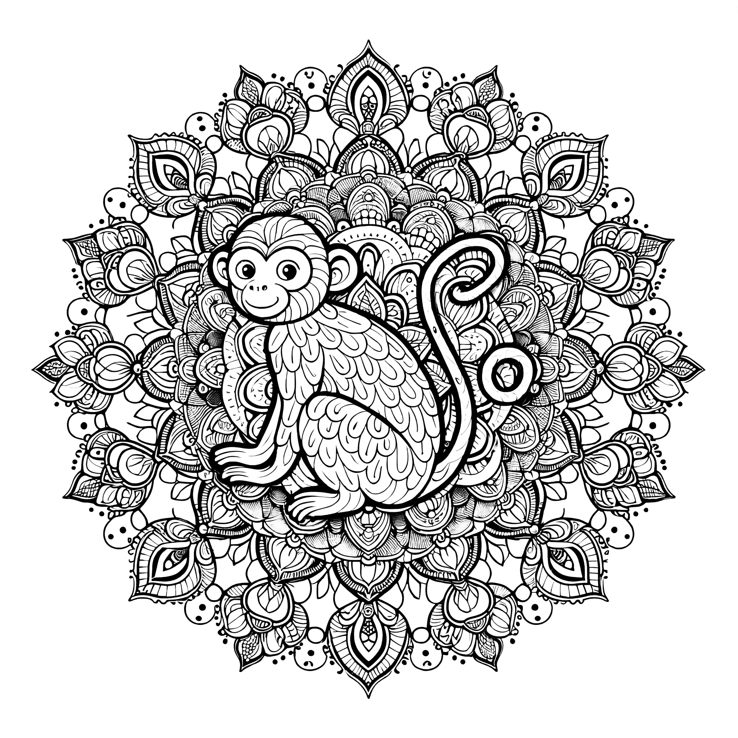 Affe-Mandala komplex: Kostenlos zum Ausmalen (Ausmalbild)