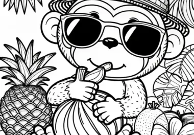 Affe mit Strohhut und Sonnenbrille isst Frucht – Malvorlage kostenlos