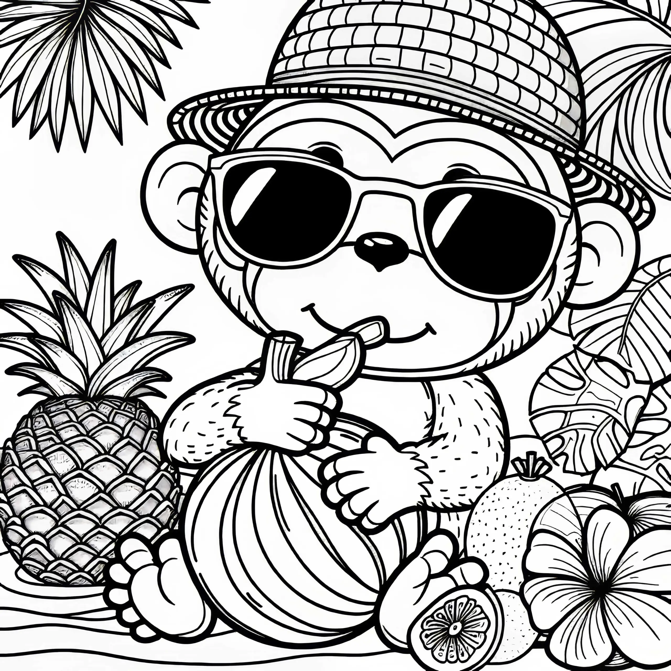 Affe mit Strohhut und Sonnenbrille isst Frucht – Malvorlage kostenlos (Ausmalbild)