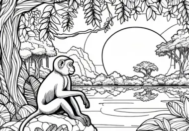 Affe sitzt auf einem Felsen und schaut in die Ferne – Ausmalbild kostenlos