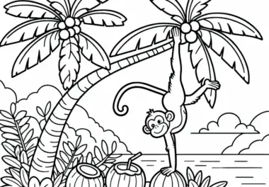 Affe turnt auf Baum mit Kokosnüssen – Ausmalbild kostenlos