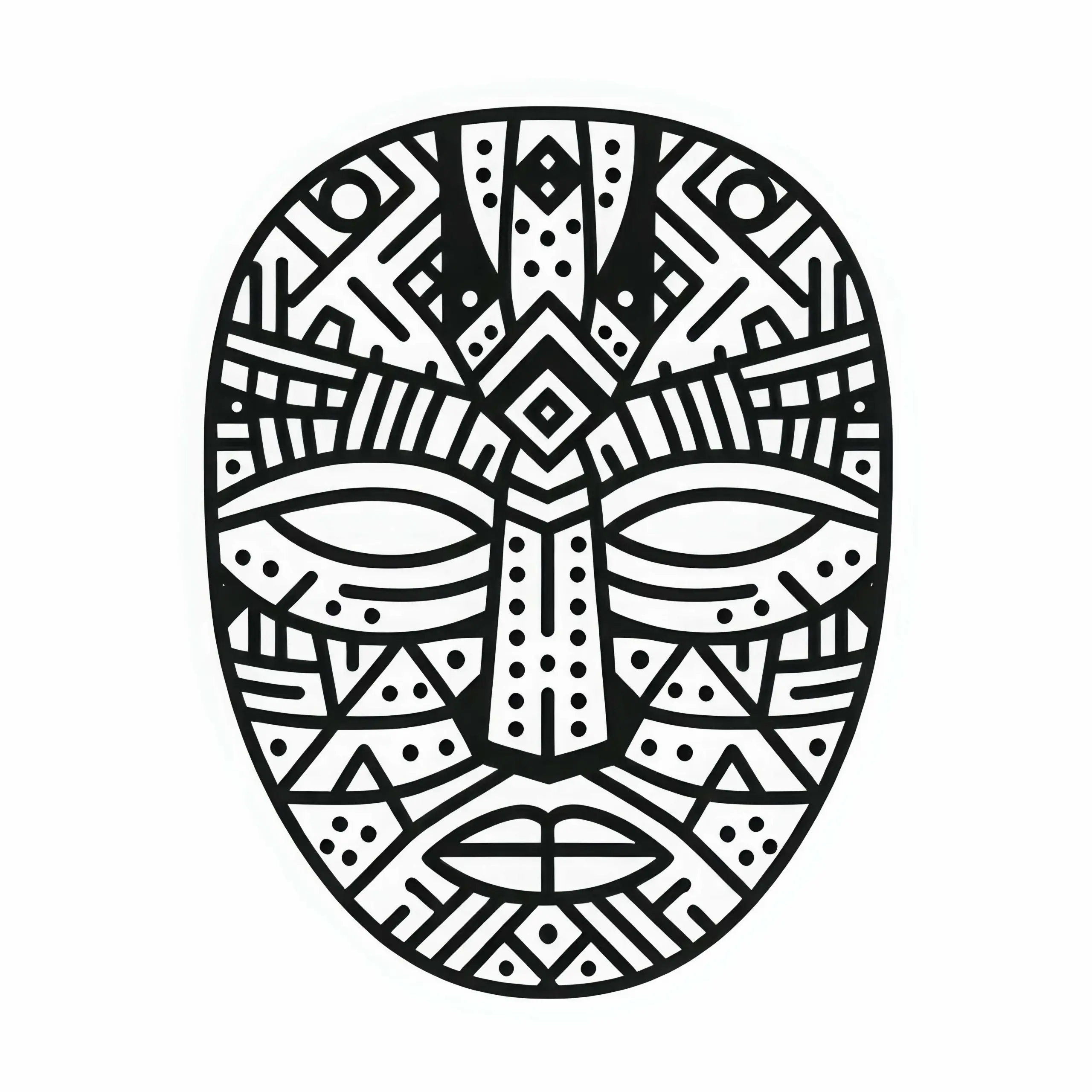 Afrikanische Holzmaske mit geometrischen Formen und Stammesmustern: Gratis Ausmalbild