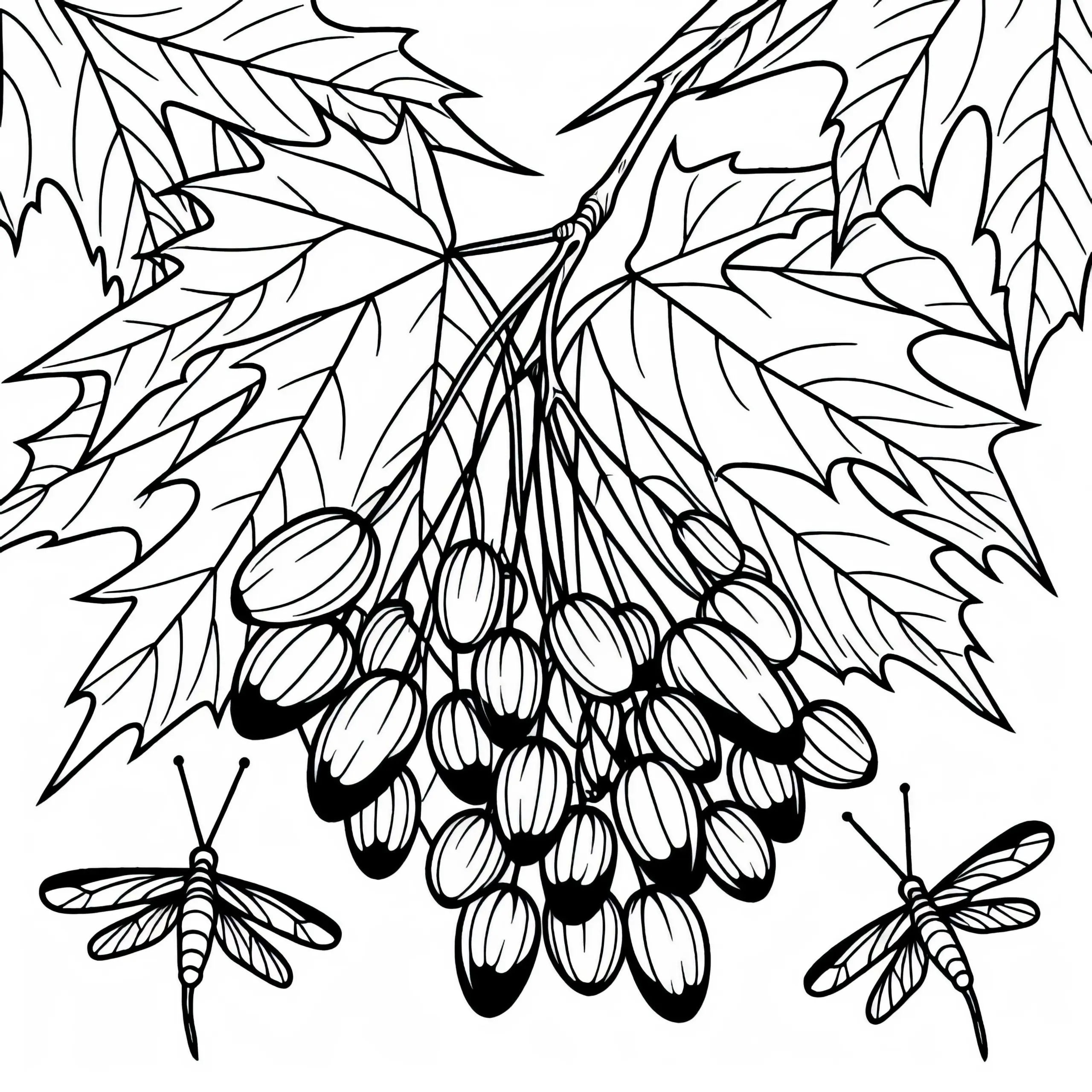 Ausmalbild von Ahornfrüchten und Nasenzwicker am Ahornbaum – Kostenlos herunterladen