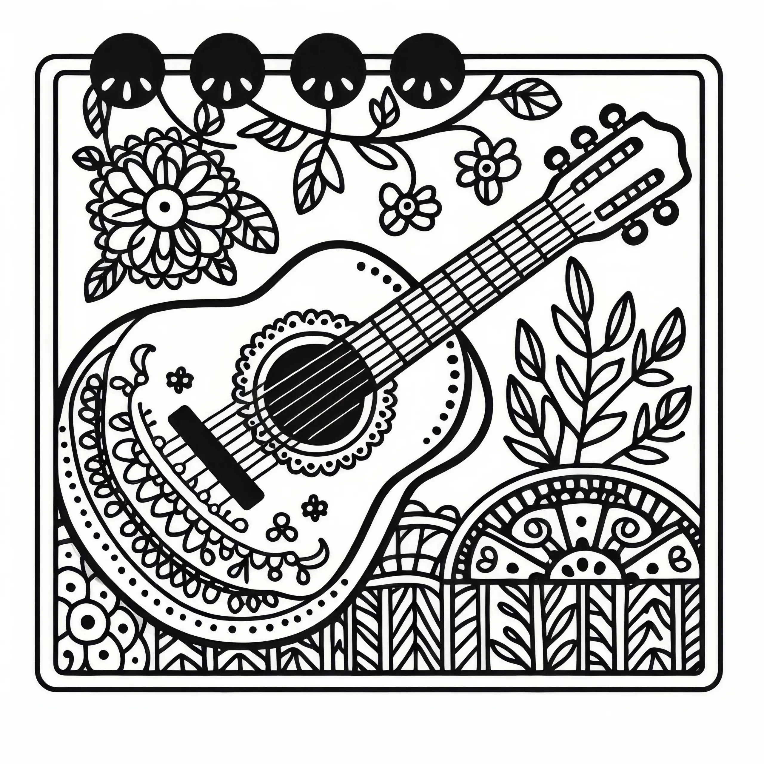Akustikgitarre Malvorlage – Zupfinstrument kostenlos (Ausmalbild)