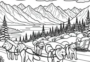 Ausmalbild von Alaska-Schlittenhunden aus Nordamerika – Gratis herunterladen