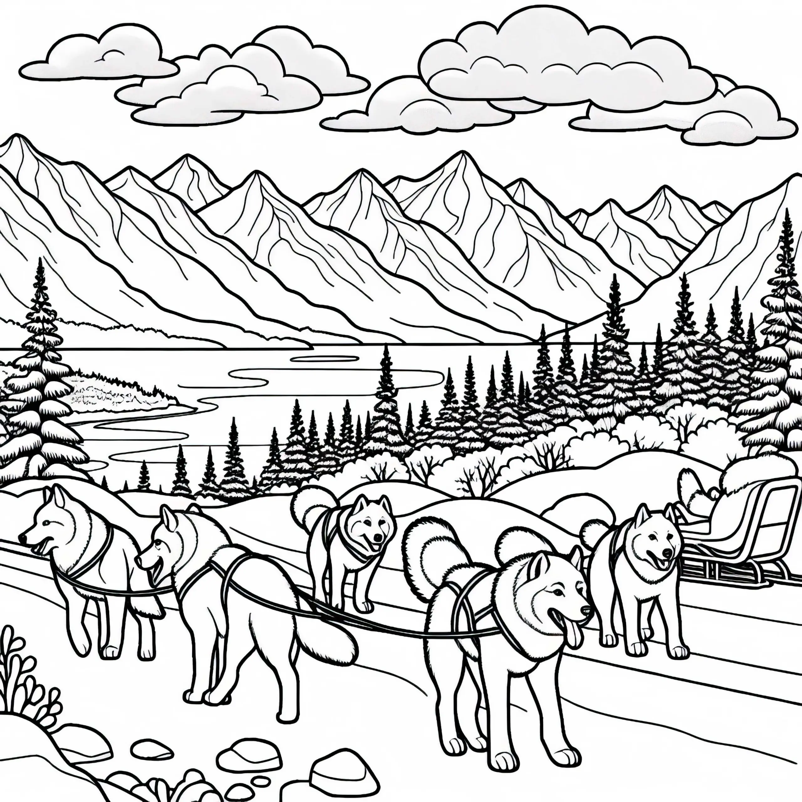 Ausmalbild von Alaska-Schlittenhunden aus Nordamerika – Gratis herunterladen