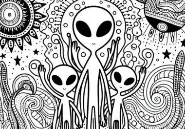 Abenteuer mit einer Alien-Familie – kostenloses Ausmalbild