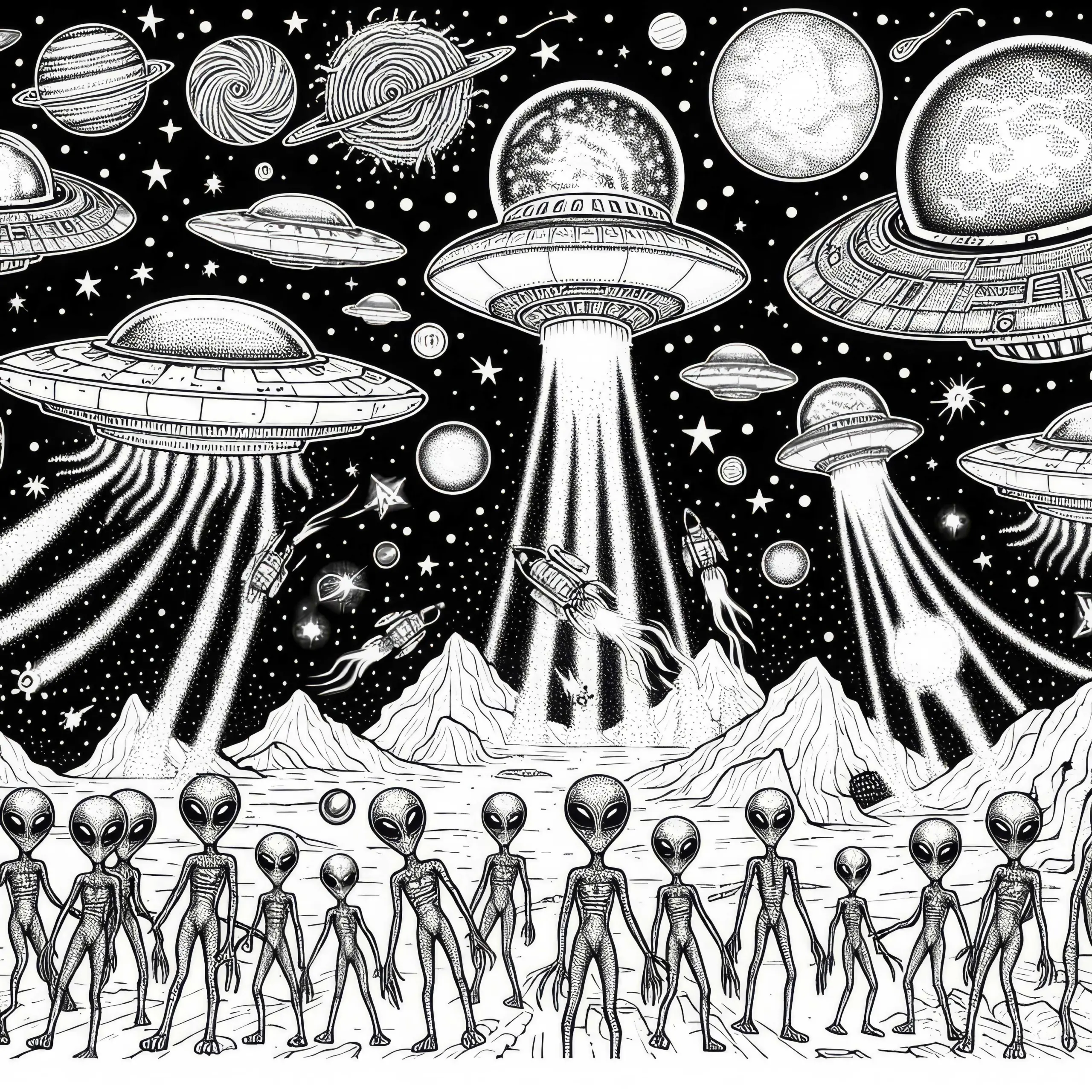 Alien-Invasion Ausmalbild zum Gratis Download