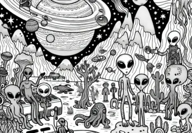 Aliens leben auf fremdem Planeten – Malvorlage gratis