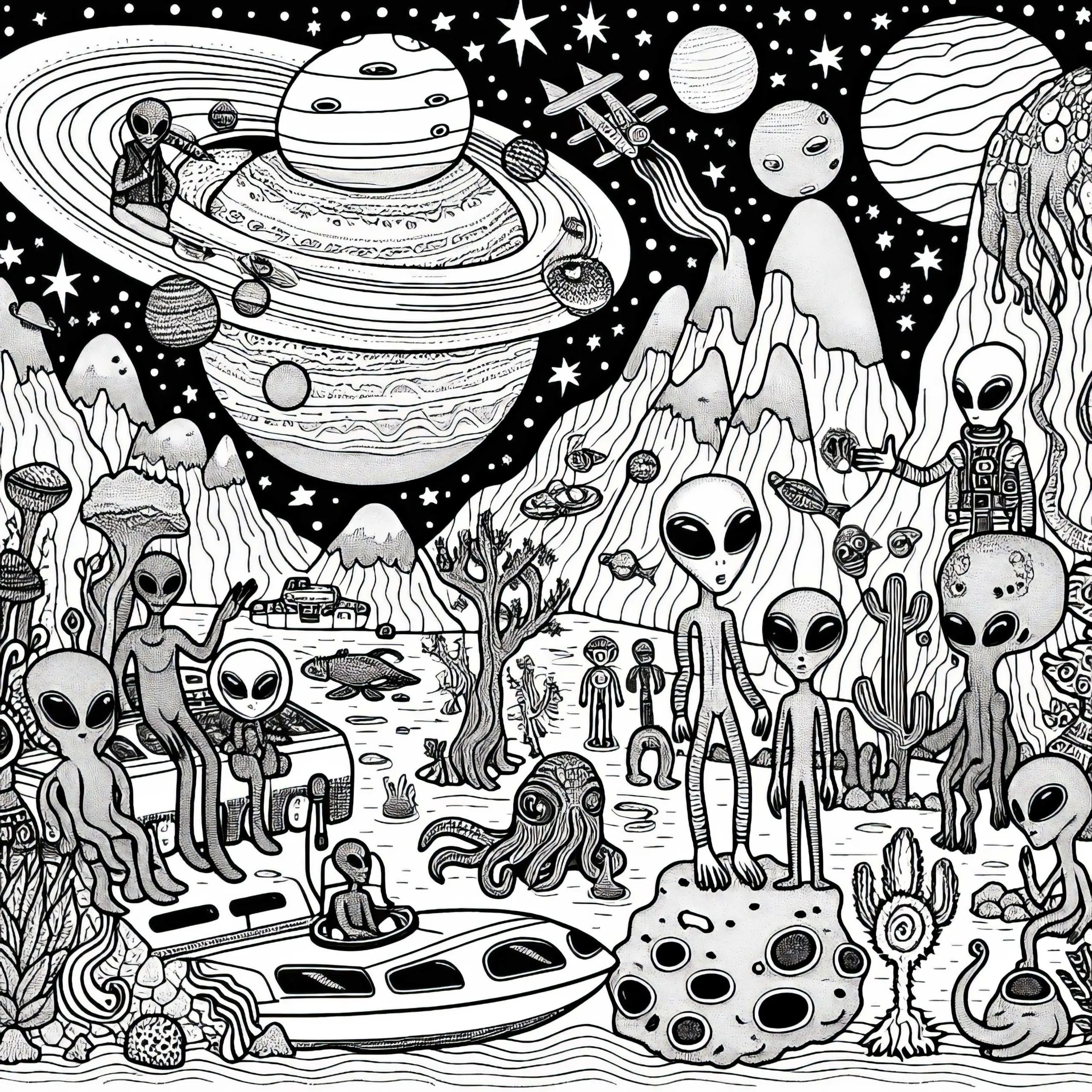 Aliens leben auf fremdem Planeten – Malvorlage gratis (Ausmalbild)