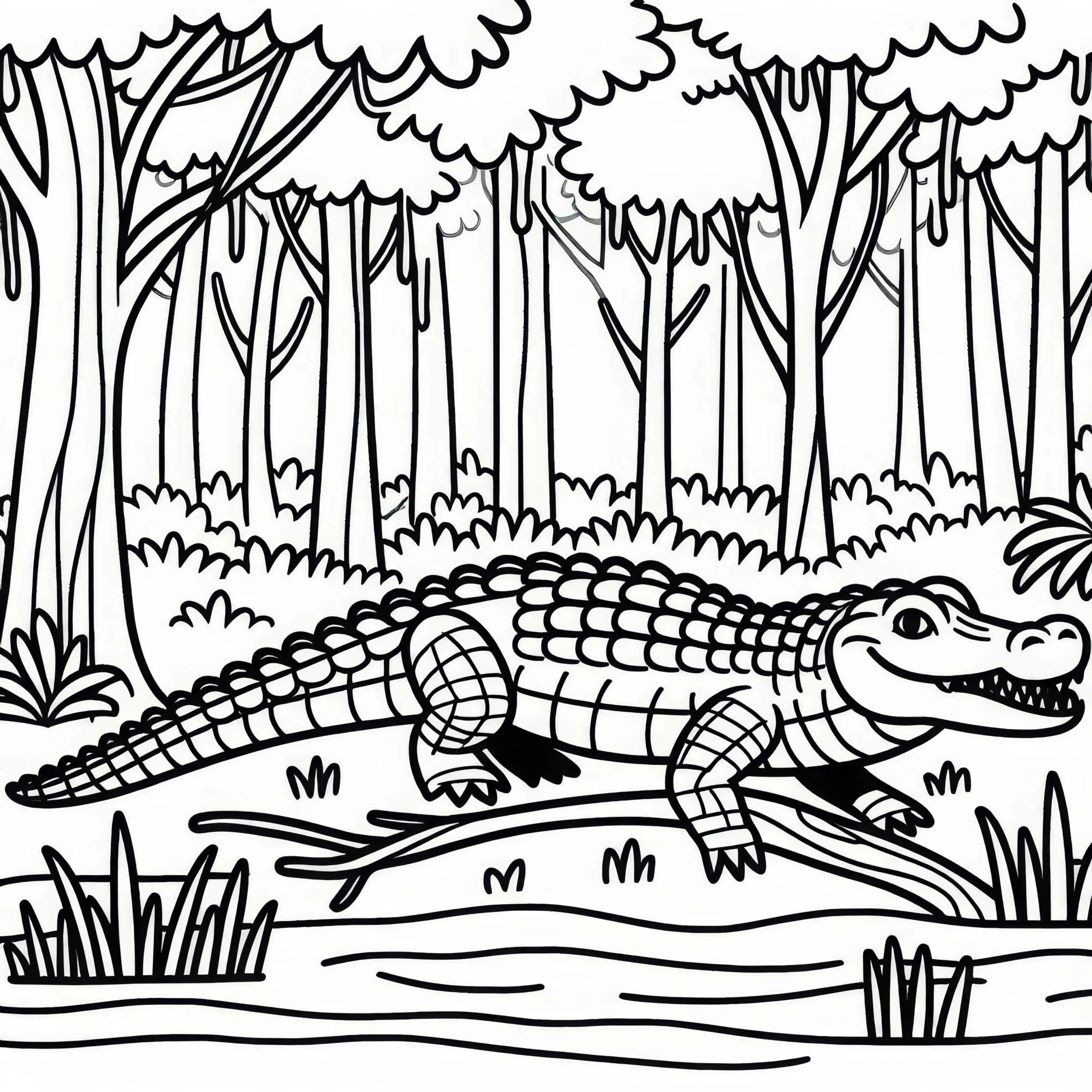 Alligator läuft durch Sumpflandschaft – Ausmalbild kostenlos