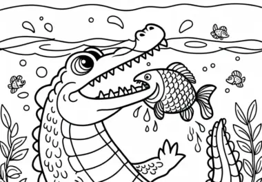 Alligator schnappt nach Fisch im Wasser – Ausmalbild kostenlos