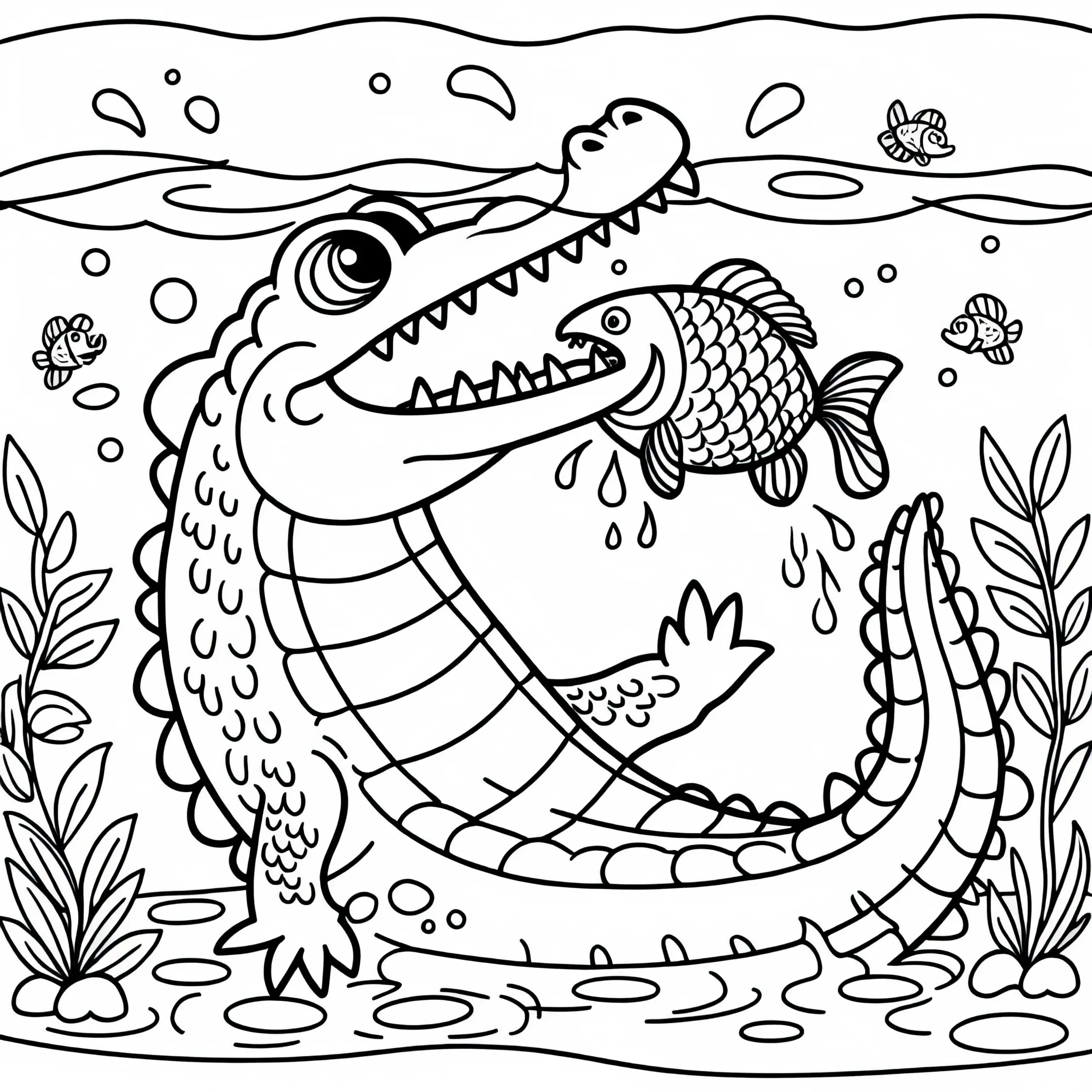 Alligator schnappt nach Fisch im Wasser – Ausmalbild kostenlos