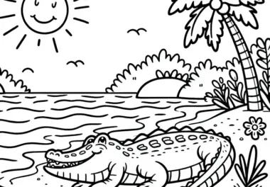 Alligator sonnt sich am Ufer – Ausmalbild kostenlos