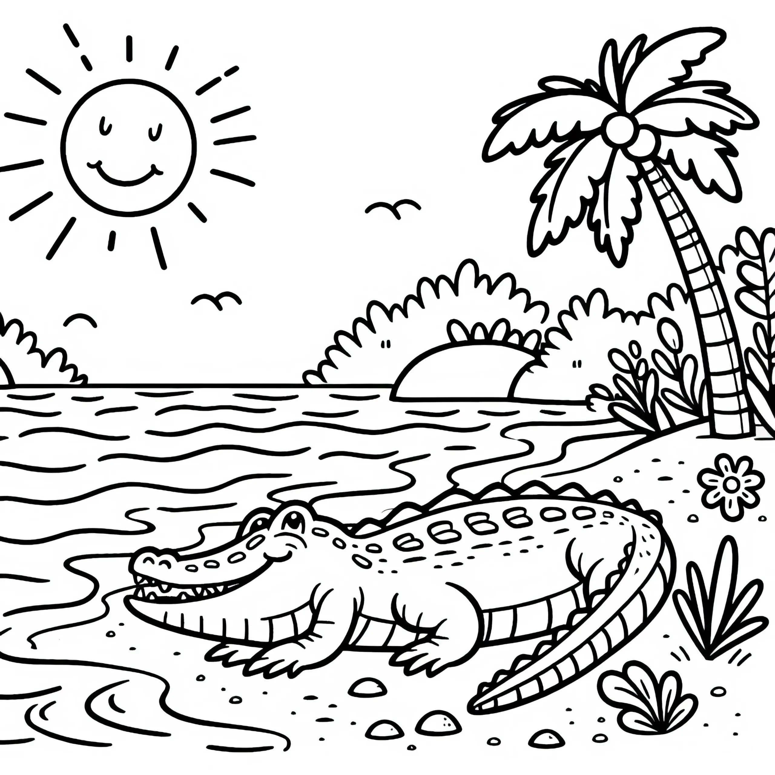 Alligator sonnt sich am Ufer – Ausmalbild kostenlos