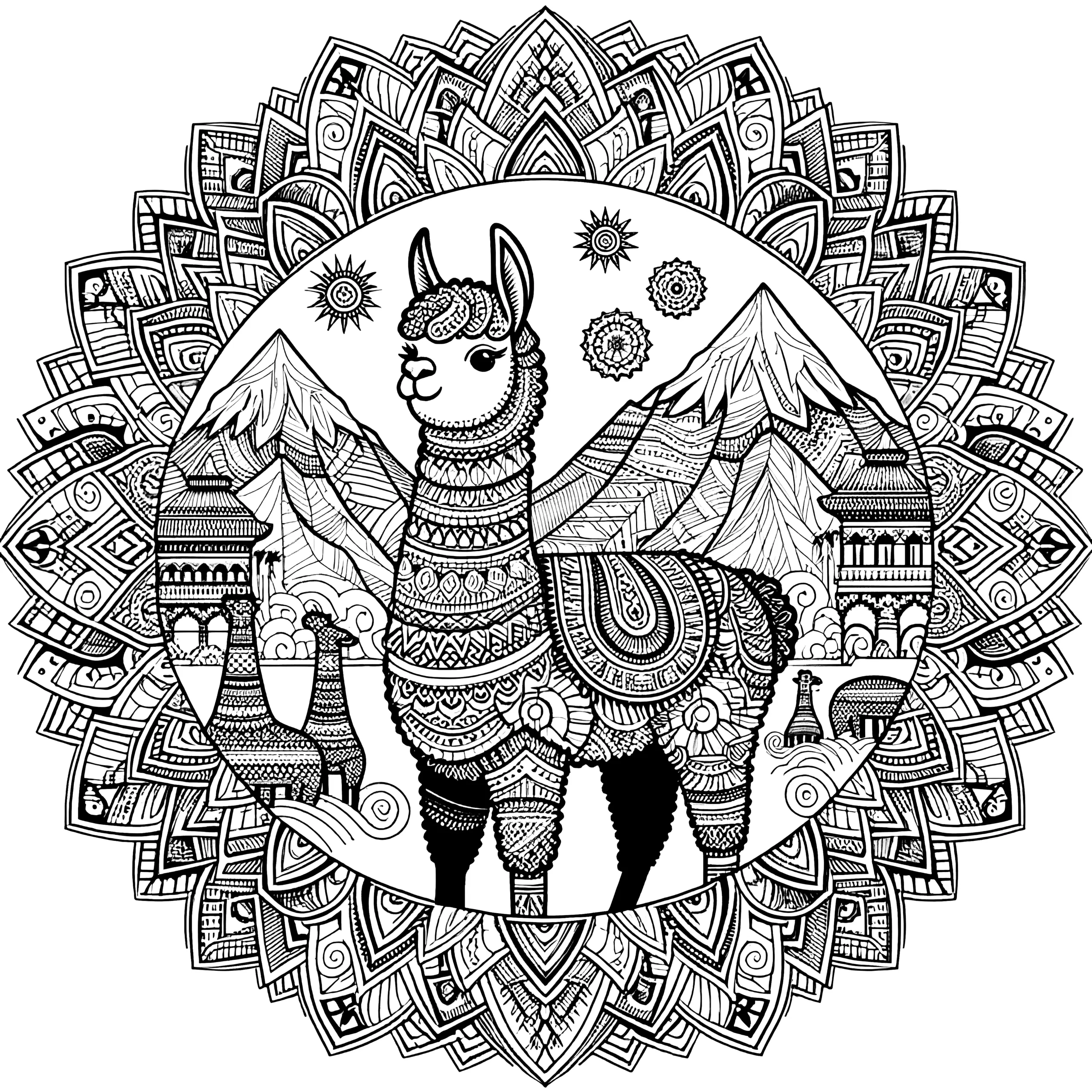 Alpaka in den Bergen: Gratis Mandala zum Ausmalen (Ausmalbild)