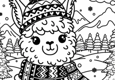 Alpaka im Schnee mit Schal und Mütze – Ausmalbild Kostenlos