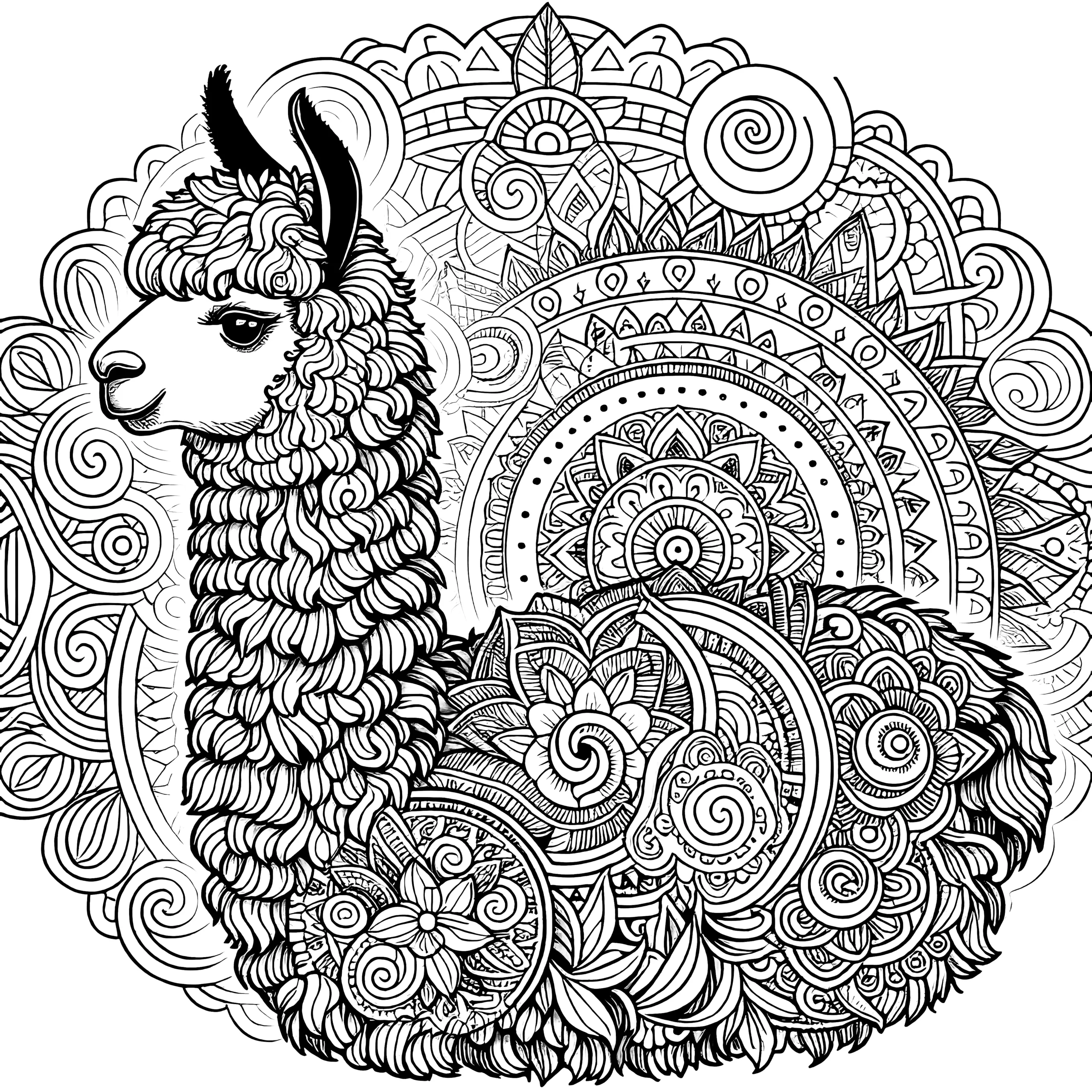 Freundliches Alpaka-Mandala zum Ausmalen (Gratis) (Ausmalbild)