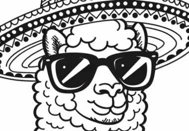 Alpaka mit Sonnenbrille und Sombrero im Comic-Stil – Malvorlage für dich
