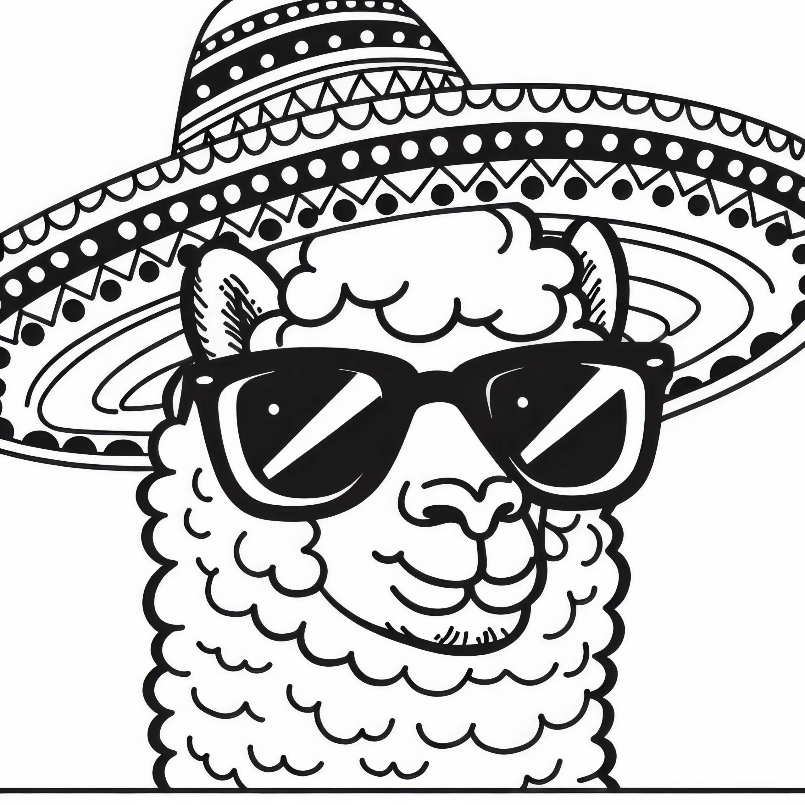 Alpaka mit Sonnenbrille und Sombrero im Comic-Stil – Malvorlage für dich (Ausmalbild)