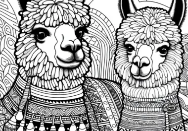 Alpakas mit bunter Decke und Halsschmuck im Anden-Stil – Folkloristisch geschmückt Ausmalbild kostenlos